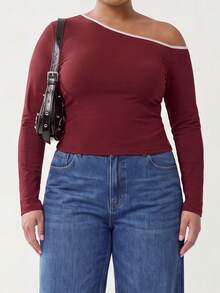 Solavibe Plus Size Spring/Autumn Casual Simple Normal Asymmetrical Collar Long Sleeve T-Shirt Dates Fashion Week Vacation Burgundy - Burgundy - View 5
