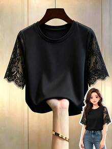 GlowEve CURVE Plus Size Women's French Elegant Gentle Style Contrast Lace Trim Short Sleeve Round Neck T-Shirt, Suitable For Minimalist Casual Wear, Daily Commute, Light Social Occasions - Black - View 1