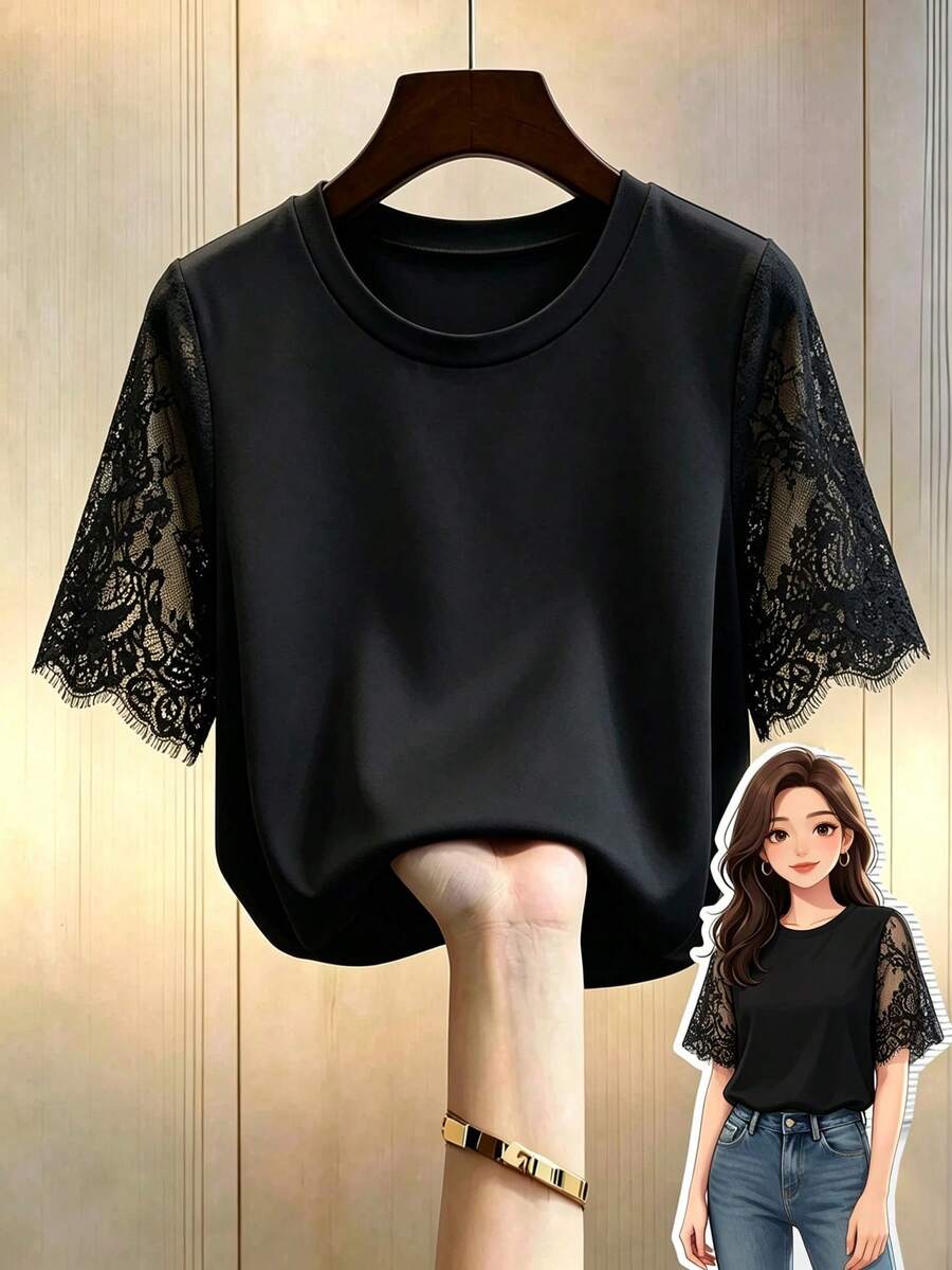 GlowEve CURVE Plus Size Women's French Elegant Gentle Style Contrast Lace Trim Short Sleeve Round Neck T-Shirt, Suitable For Minimalist Casual Wear, Daily Commute, Light Social Occasions - Black - View 1