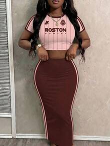 Slaydiva 2件組修身短袖圓領T恤與修身長裙套裝 - 彩色 - 查看 4
