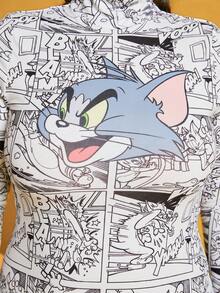 TOM & JERRY X SHEIN Plus High Neck Cartoon Printed Hollow Out Dress - Multicolor - View 8