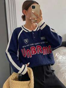 DAZY 女款數位條紋插肩袖長袖休閒寬鬆套頭針織衫 秋季 - 藍色 - 查看 2