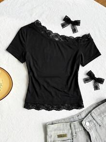 SHEIN Tween Girl Casual Versatile Black Knit Contrast Lace Asymmetrical Shoulder Short Sleeve T-Shirt - Black - View 2
