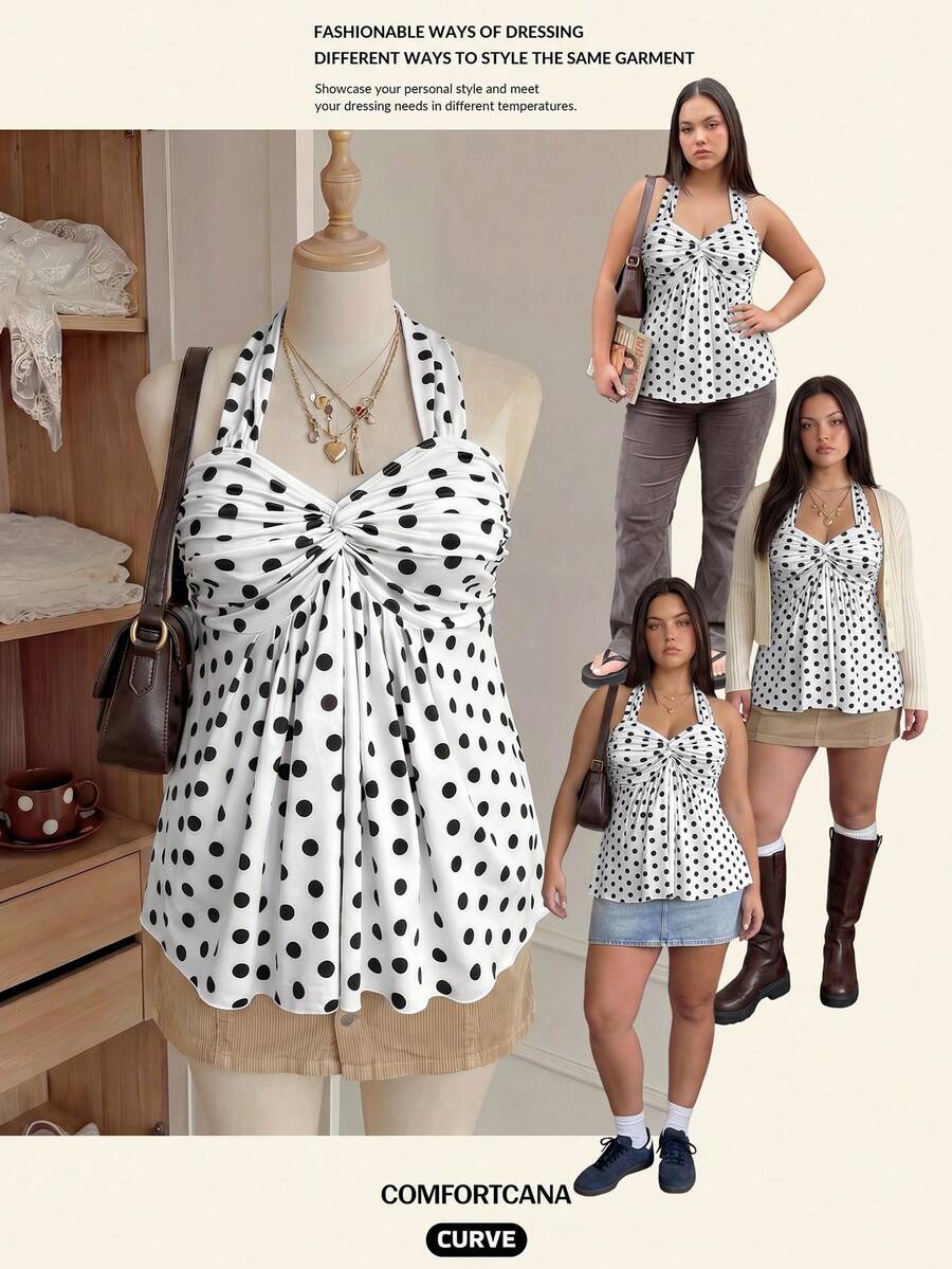 Comfortcana Plus Size Women Casual Vacation Style Spring Summer New Elastic Pink Polka Dot Spaghetti Strap Tank Top Ruched Gathered Vest - White - View 1