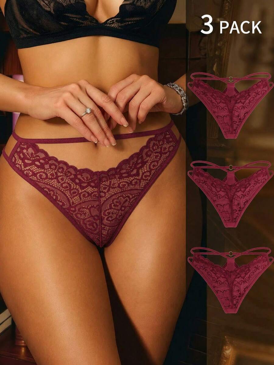 Divavoom 3件組女款蕾絲拼接性感日常丁字褲 - 酒紅色 - 查看 1