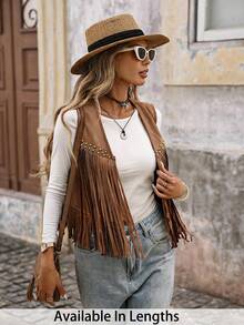 SHEIN Tall CURVE Plus Size Women's Tassel Trim Open Front Sleeveless Vest, Autumn/Winter - Brown - View 4