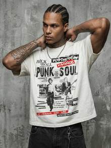 Manfinity ZONE917 Boxy Cropped Street Punk Band Graffiti Newspaper Direct Print White 100% Cotton T-Shirt - White - View 1
