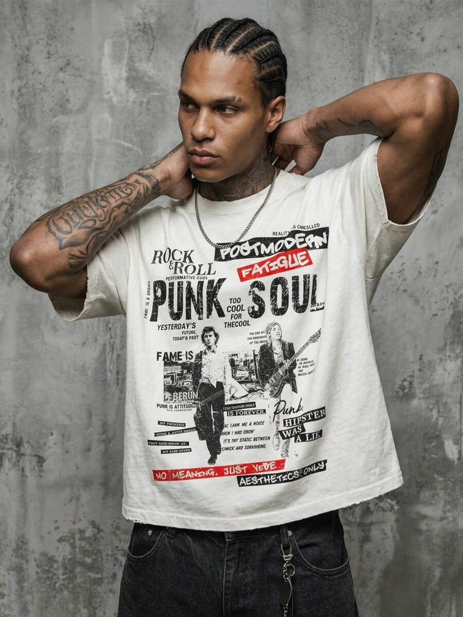 Manfinity ZONE917 Boxy Cropped Street Punk Band Graffiti Newspaper Direct Print White 100% Cotton T-Shirt - White - View 1