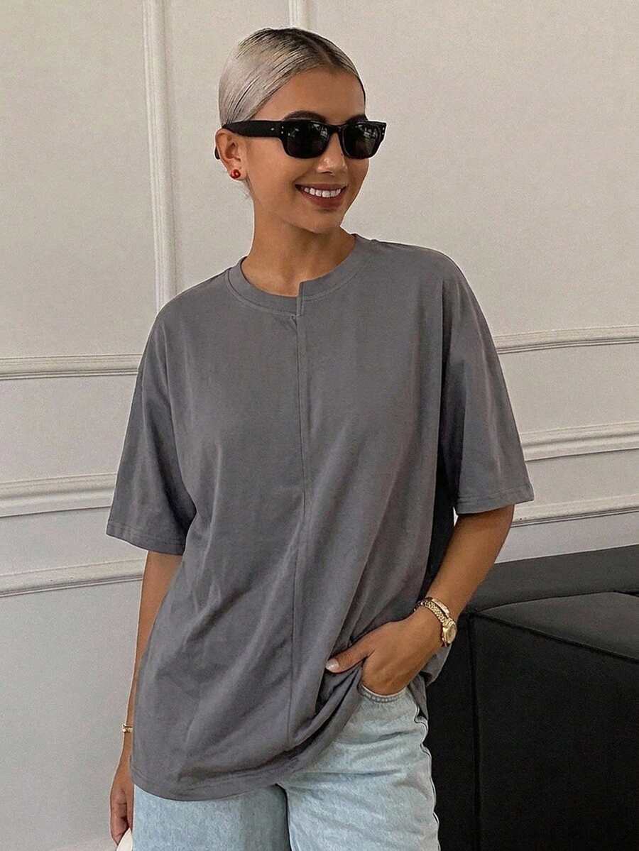 Livesso 春夏寬鬆休閒街頭設計拼接圓領基本款音樂節度假風短袖女款T恤 - 灰色 - 查看 1