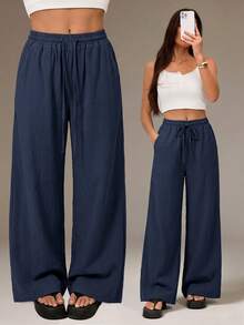 SHEIN Tall 女款夏季鄉村音樂節海灘穿搭，波希米亞極簡風水洗 100% 純棉白色弧形下擺長褲 - 藏蓝色 - 查看 1