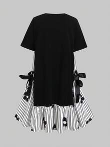 SHEIN 兒童青少年女孩休閒學院風寬鬆落肩中袖黑白條紋拼接 3D 緞帶蝴蝶結裝飾針織與梭織連身裙 返校季 - 黑與白 - 查看 2