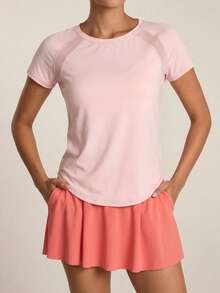 SHEIN BAE Activina Women Solid Color Round Neck Raglan Sleeve Short Sleeve Sports T-Shirt Gym Shirts - Pink - View 10