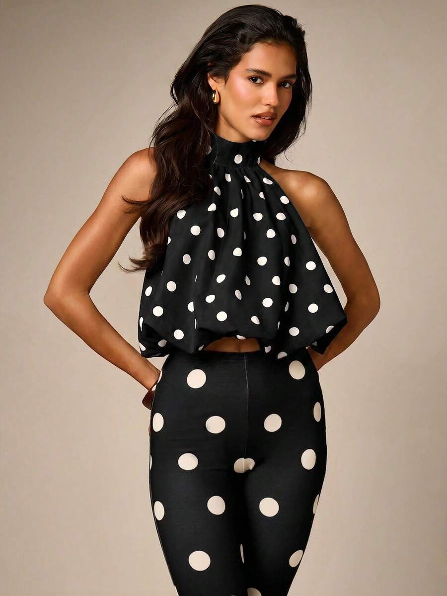 AiiRZ Crop Top Polkadot Model Halter Neck dengan Hem Gelembung dan Punggung Terbuka, Siluet Mengalir untuk Pesta Musim Panas - Hitam dan Putih - View 1