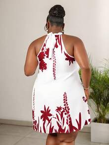 CurvyTilda Casual Floral Pattern Halter Neck Loose Short Plus Size Dress, Suitable For Summer Chic Dress Elegant Vacation - Rose Red - View 6