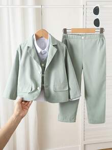 SHEIN 3pcs/Set Young Boy's Green Suit Jacket,Vest And Trousers Set,Traditional Gentleman Style Outfit For Wedding,Birthday Party,Performance,Christening - Mint Green - View 2