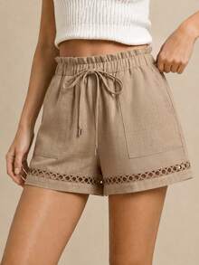 EMERY ROSE Shorts de verano para mujer talla grande con ribete de encaje, cintura con cordón y bolsillos - Caqui - Ver 1