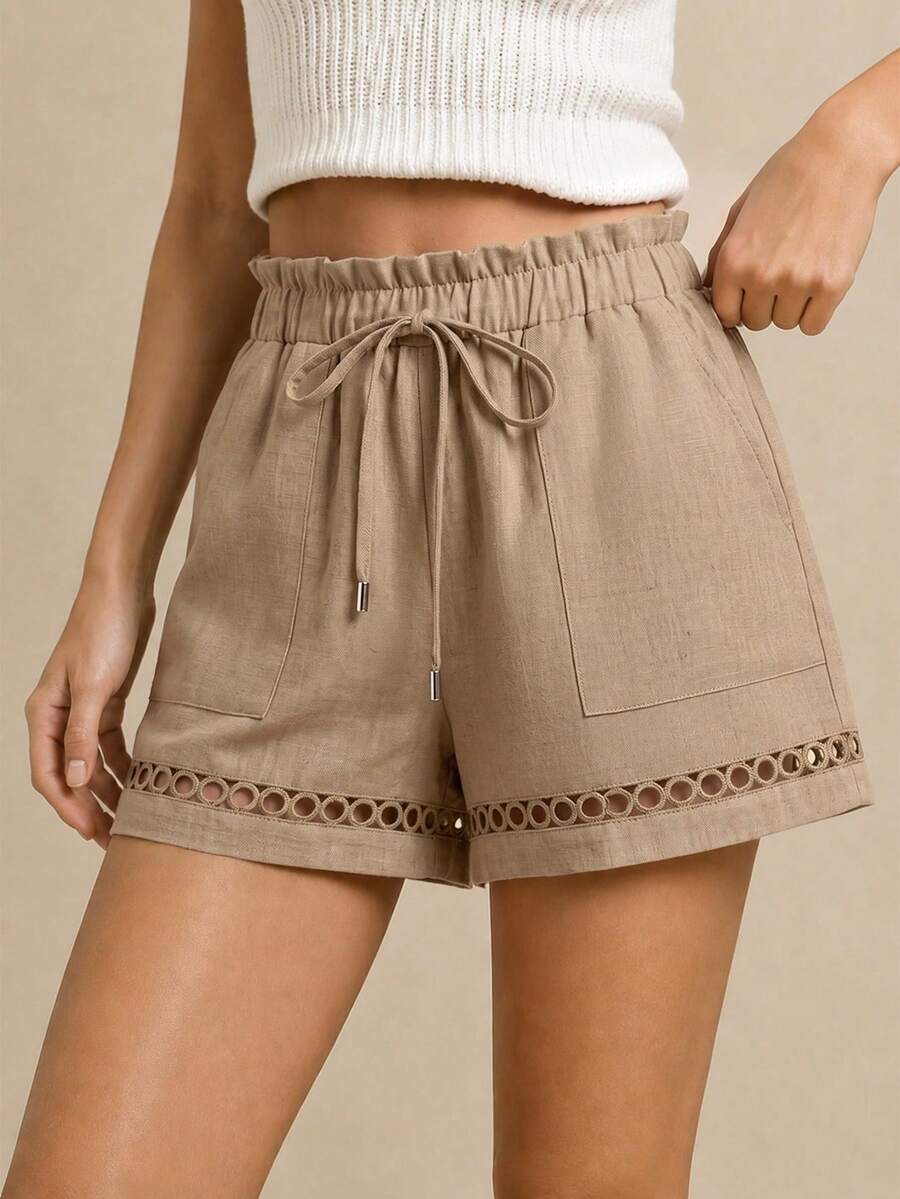 EMERY ROSE Shorts de verano para mujer talla grande con ribete de encaje, cintura con cordón y bolsillos - Caqui - Ver 1
