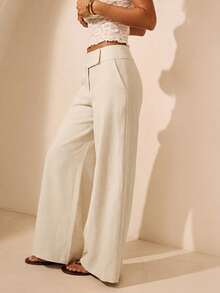 Aralina Off-White 低腰寬腿包腰束帶長褲 辦公通勤款 秋季優雅商務休閒 - 白色 - 查看 3