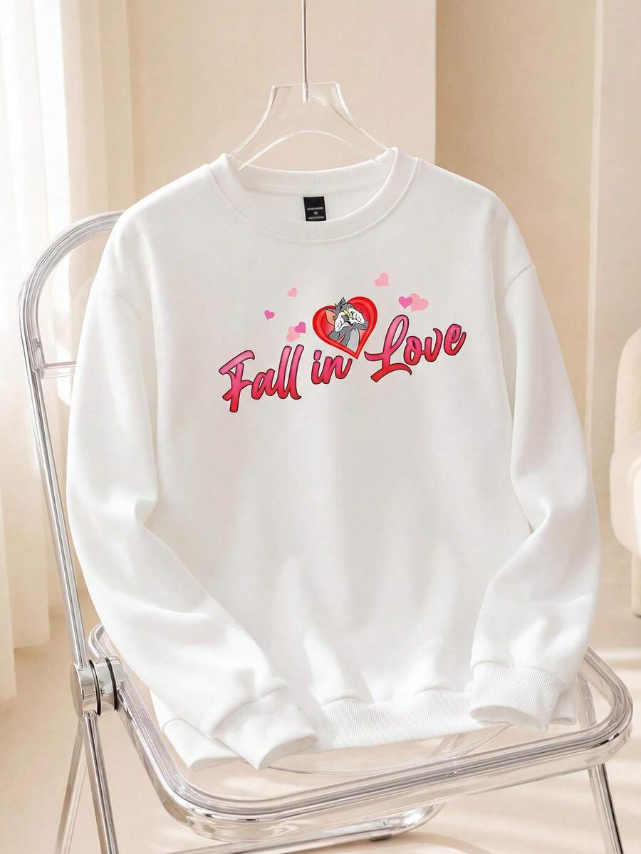 TOM & JERRY X SHEIN Damen Lässig Cartoon Katze & Herz Muster Rundhals Sweatshirt, Herbst - Weiss - Übersicht 1