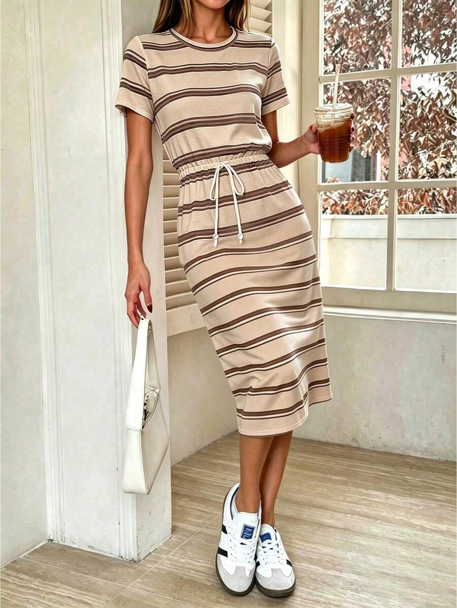 SHEIN PariChic 女士条纹系带中长休闲连衣裙 - 彩色 - 查看 1