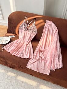 Moireta French Elegant Sexy Lace Hollow Out Camisole Dress & Robe 2 Pieces Pajama Set For Women - Pink - View 8