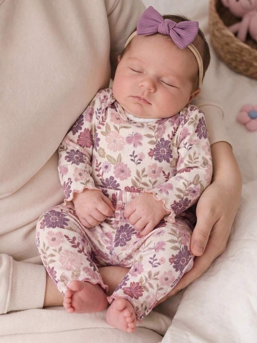 新生女嬰可愛卡通與花卉圖案長袖居家服套裝 - 彩色 - 查看 1
