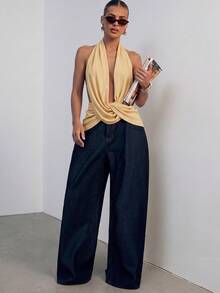 Hauture Asymmetrical Design Deep V-Neck Twisted Halter Top - Yellow - View 3