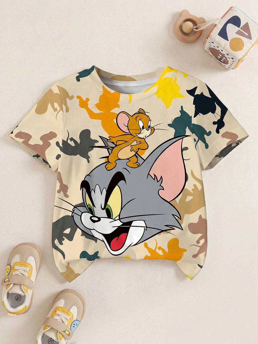 TOM & JERRY X SHEIN 男婴卡通印花短袖上衣 - 白色 - 查看 1