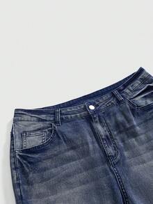 ROMWE Grunge Punk 春夏休閒龐克刺繡圖案大尺碼女款喇叭高彈力牛仔褲 - 藍色 - 查看 3