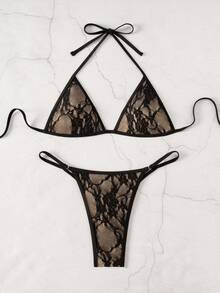 Bonvoyette Summer Beach Deep V Lace Sexy Lace-Up Bikini Swimwear Set - Black - View 4