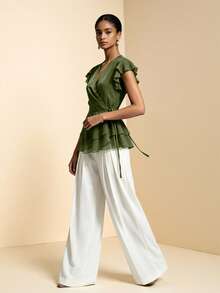 Elafinee Women's Olive Green Chiffon Ruffle V-Neck Waist-Cinching Short Sleeve Blouse, European And American Summer Style - Olive Green - View 5
