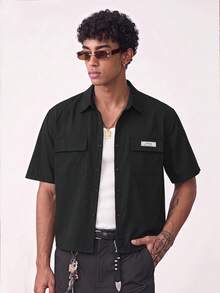 NORVETH Camisa de manga corta con cremallera y bolsillo utilitario de color liso para hombres - Negro - Ver 3