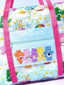 SHEIN X Care Bears 彩虹熊印花可折疊旅行托特包，大容量，行李套筒，輕便適用於旅行/學校，附前口袋 - 藍粉 - 查看 5