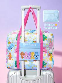 SHEIN X Care Bears 彩虹熊印花可折疊旅行托特包，大容量，行李套筒，輕便適用於旅行/學校，附前口袋 - 藍粉 - 查看 2