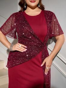 Reflora 大尺碼秋季優雅亮面裝飾網紗拼接長洋裝，女款 - 酒紅色 - 查看 5