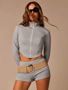 Athîral Women's Casual Stand Collar Long Sleeve Curved Hem Top And Shorts Sports Set, Suitable For Casual Yoga Running Daily Workout Gym Wear - Grey - View 4