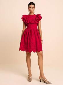 LOTSLUV Women's Summer Casual Romantic Elegant Commute Garden Date Night Out Brunch Party Red Floral Checke Fabric Embroide Hollow Ruffle Dress Wedding - Redwood - View 5