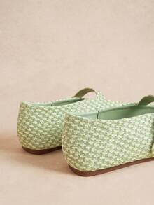 Rosivie Zapatos Mary Jane tejidos franceses, punta redonda con suela plana, estilo retro para uso diario y desplazamientos, zapatos de mujer con vampo bajo - Verde claro - Ver 10