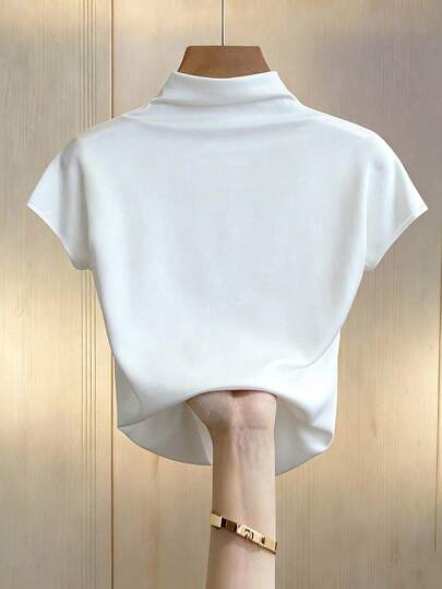Franclia Off-White Summer Elegant Work Women's Top,Casual Solid Color Pleated Slim Fit Short-Sleeved White Top,Business Office Professional Commuter Wear