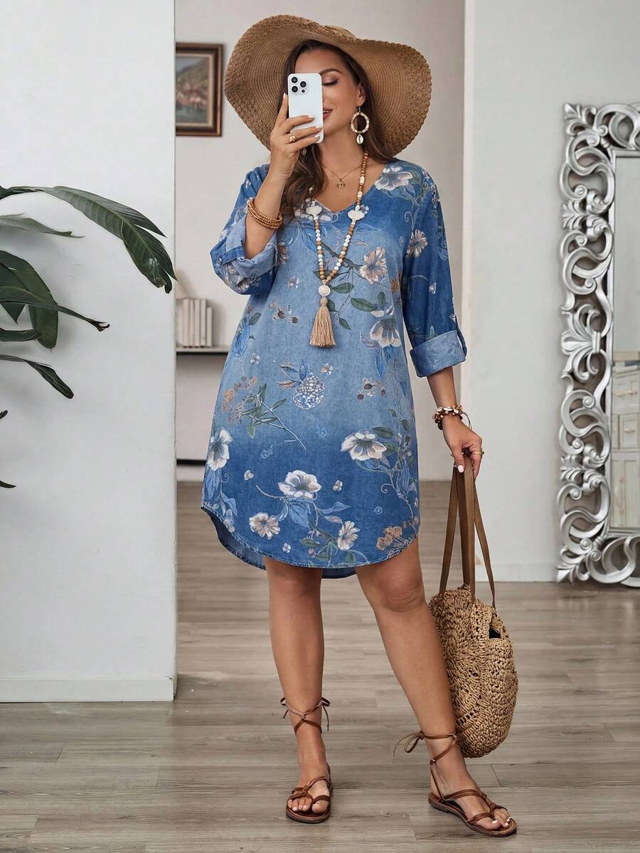 EMERY ROSE EMERY ROSE Plus Size Women's Floral Print Vacation Asymmetrical Hem Denim Dress - Blue - View 1