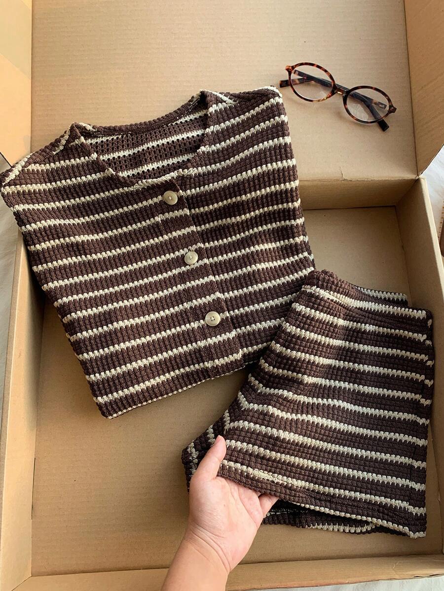 Comfortcana Striped Casual Women's Long Sleeve Single-Breasted Top And Shorts Set - Brown - View 1