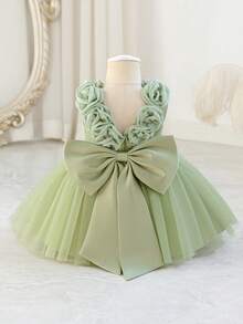 Glamorique Kids 女嬰酒紅色緞面網紗高階正式禮服，附3D花朵、大蝴蝶結背部、蓬蓬裙，適合聖誕節、寶寶生日派對，無袖吊帶裙，適用慶祝、宴會、派對，鼠尾草綠公主禮服，鼠尾草綠女嬰洋裝，鼠尾草綠公主裙 - 綠色 - 查看 1