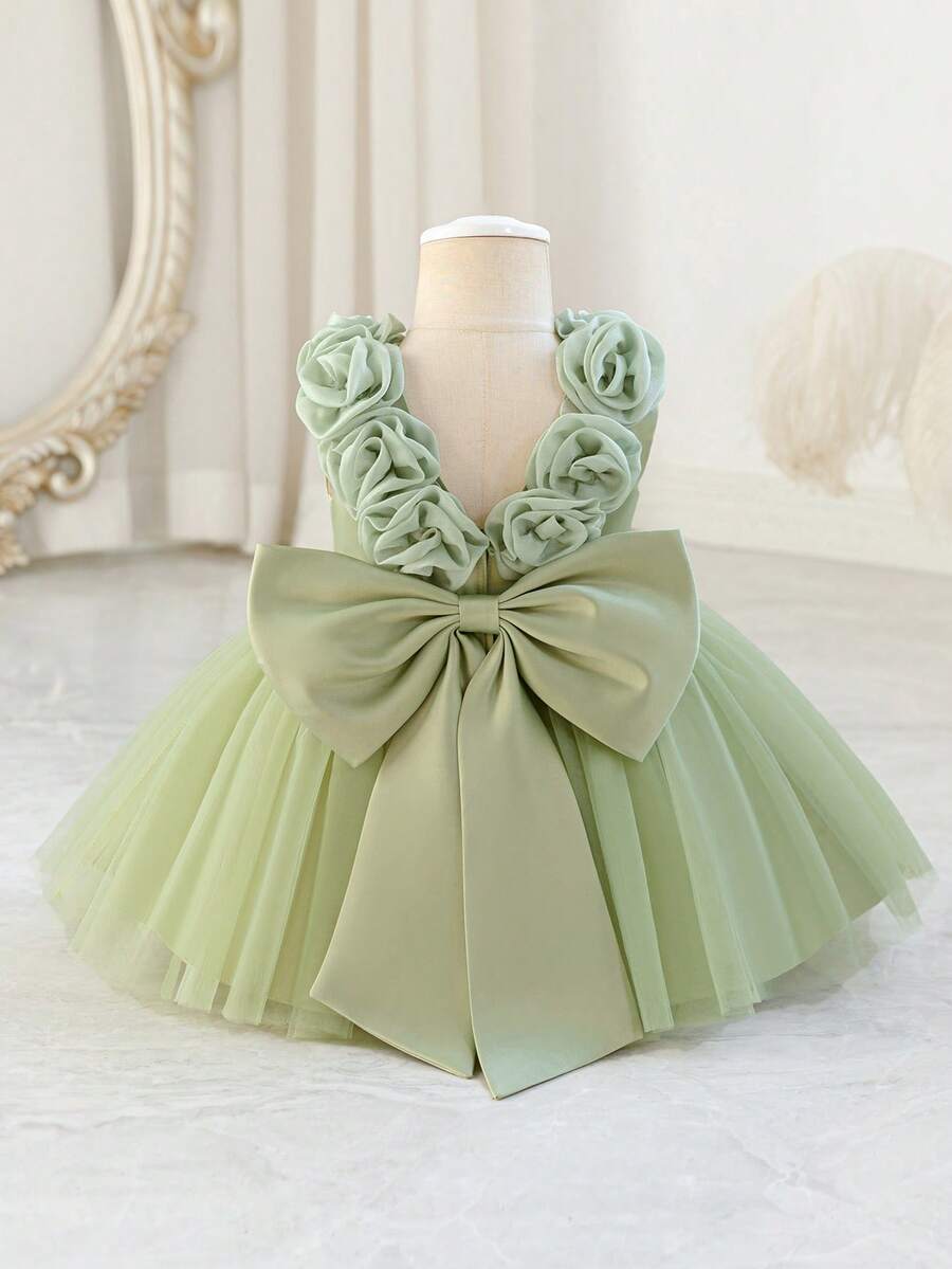 Glamorique Kids 女嬰酒紅色緞面網紗高階正式禮服,附3D花朵、大蝴蝶結背部、蓬蓬裙,適合聖誕節、寶寶生日派對,無袖吊帶裙,適用慶祝、宴會、派對,鼠尾草綠公主禮服,鼠尾草綠女嬰洋裝,鼠尾草綠公主裙 - 綠色 - 查看 1