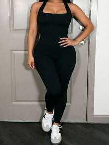 BamGleam Women's Plus Size Solid Color Minimalist Versatile Sports Jumpsuit Long Pants For Running And Yoga - Black - View 6