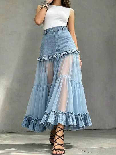 SHEIN Franclia New Summer Women's Semi-Sheer Blue Skirt