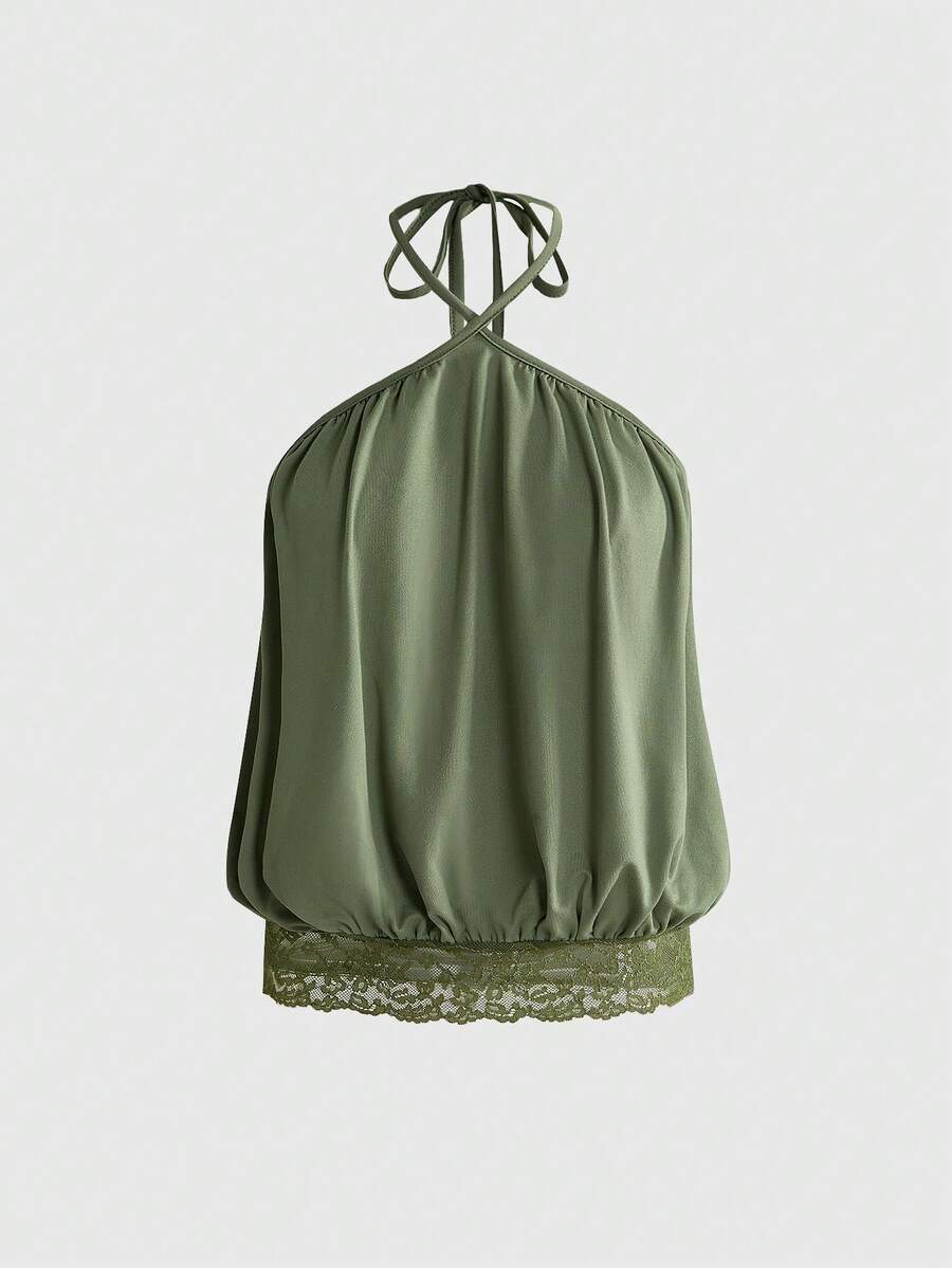 ROMWE Avant Vintage Halter Neck Backless Contrast Lace Ruffled Loose Fit Sexy Tank Top For Women - Army Green - View 1