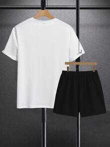 GENIUS ODE 男士字母印花圆领短袖 T 恤和配套短裤两件套，舒适服装 - 彩色 - 查看 2