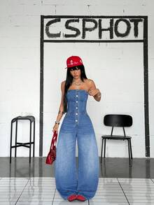 Jeanoix Women's Denim Bandeau Wide Leg/Curved Leg Jumpsuit - Blue - View 7
