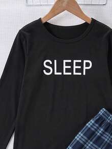 SHEIN Tween Boy Letter Print Top & Plaid Pants Loungewear - Black - View 5