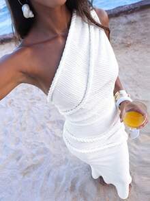 Opulessa Spring/Summer Vacation Knitted One-Shoulder Fitted Dress For Women Beach Vacation White Sexy Tropical - White - View 1
